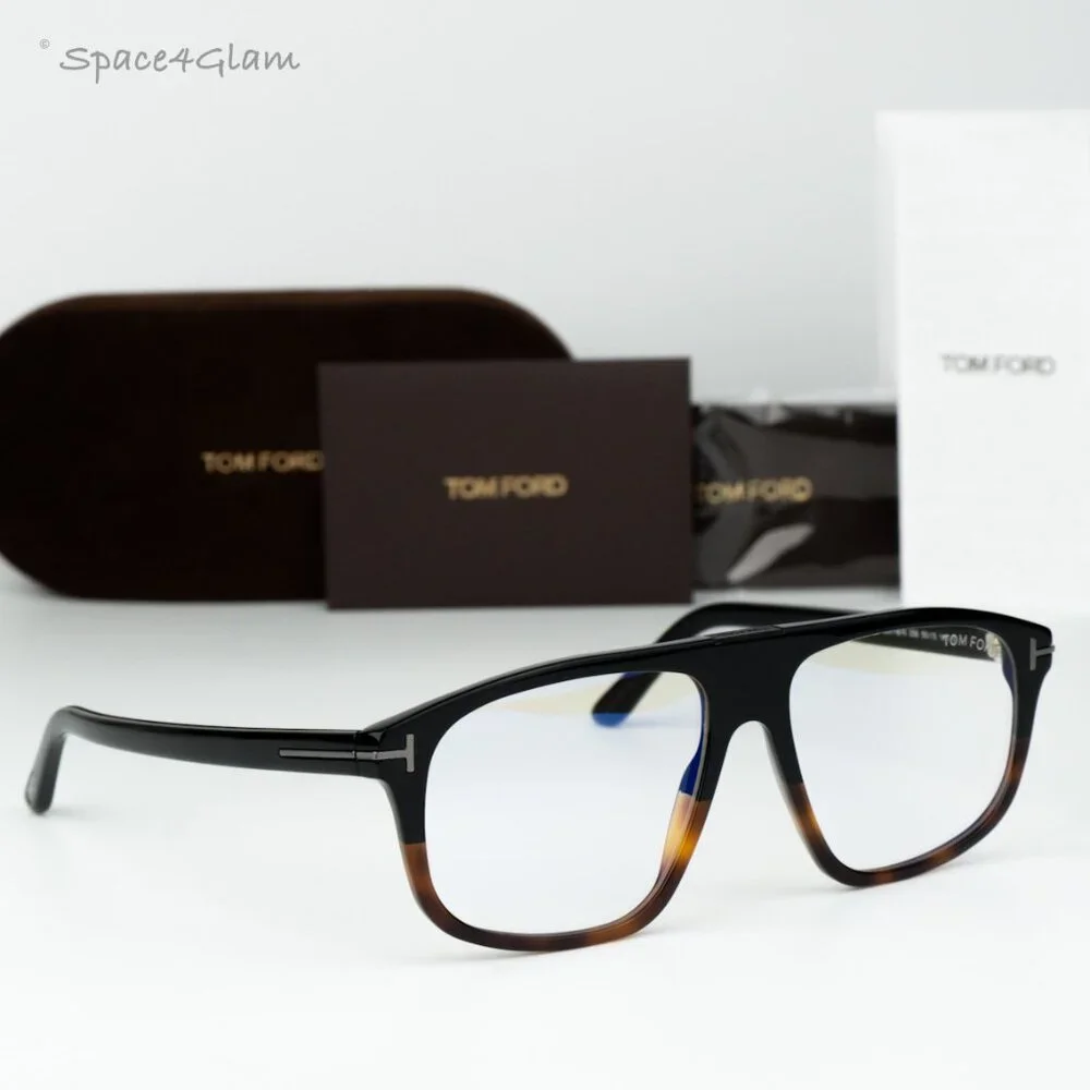 Tom Ford Women Eyeglasses Black Havana Blue Block Aviator FT5901-B-N 056 NEW